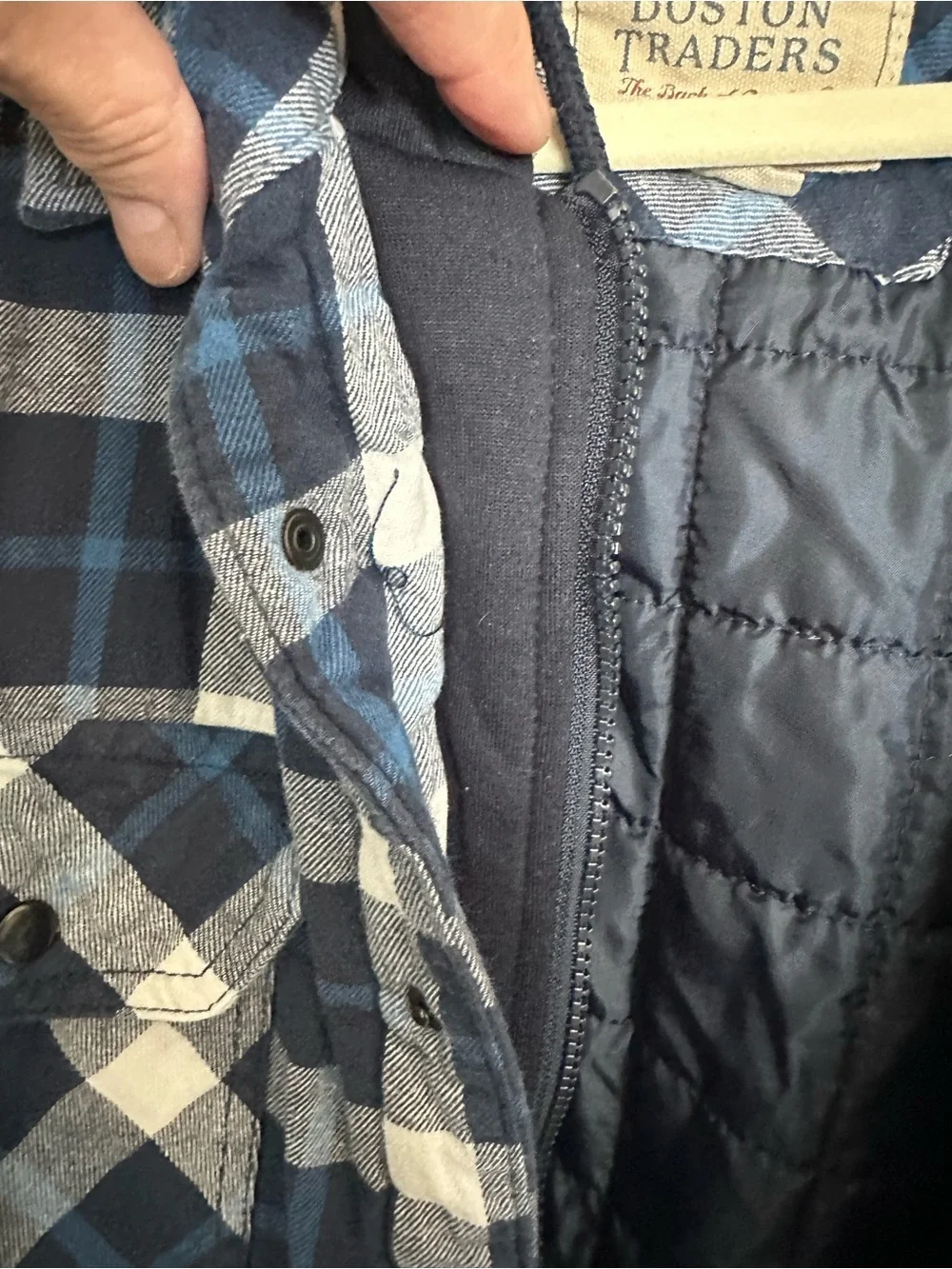 Boston Traders Navy and White Plaid Hooded Shirt Jacket